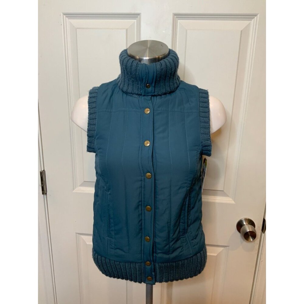 BCBG Max Azria Blue Quilted Vest W/ Rib Knit Trim & Snap Button Closure, Size XS